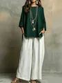 Elegante conjunto bohemio con top verde oscuro y pantalones blancos anchos para vacaciones - XS / Top Y Pantalón / Verde Oscuro