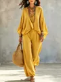 Yellow polka dot two-piece set with batwing top and matching high-waisted trousers - S / Top And Bottom / Yellow