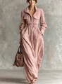 Franse stijl linnen maxi-jurk in oudroze met ritskraag en een elastische tailleband - XS / Dresses / Roze