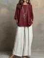 Boho-Set mit burgunderrotem Oberteil und weißer Hose mit weitem Bein für Damen - XS / Oberteil Und Unterteil / Burgunderrot