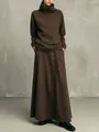 Elegant minimalist coffee brown turtleneck sweatshirt and long maxi skirt two-piece set - S / Top And Bottom / Coffee