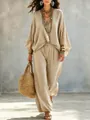 Elegant beige polka dot two-piece set with batwing sleeve top and cuffed loungewear pants - Apricot