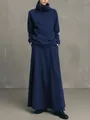 Minimalist dark blue two-piece set with turtleneck sweatshirt and long skirt - S / Top And Bottom / Blue
