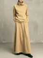 Minimalist beige high neck sweatshirt and matching maxi skirt two-piece set for winter - S / Top And Bottom / Khaki