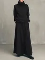 Elegant minimalist black high-neck sweatshirt and flowing maxi skirt two-piece set for women - S / Top And Bottom / Black