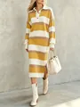 Elegante vestido midi de punto a rayas con cuello polo y abertura lateral, amarillo - Amarillo【】 / S