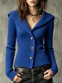 Cárdigan azul de punto acanalado entallado con capucha para moda de otoño e invierno - 宝蓝色【现货】 / S