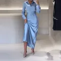 Elegant light blue satin long-sleeved midi dress with polo collar and matching belt for autumn - XS / Dresses / Light Blue