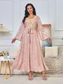 Elegante roze maxi-jurk met gouden bloemenprint en verfijnd gedetailleerd borduurwerk - S / Dresses / Roze (187)