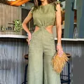 Stylish olive green ruffle sleeve cut-out jumpsuit with elegant wide-leg trousers for summer. - S / Dresses / Green