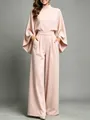 Elegant blush pink two-piece set featuring a high-neck cape top and wide-leg pants - S / Top And Bottom / Pink