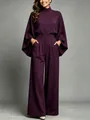 Elegant deep plum wide-leg trousers set with a stylish half-high collar cape top - S / Top And Bottom / Purple