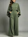 Full length detailed view of women's olive green two-piece lounge set with cape sleeves - S / Top And Bottom / Dark Green