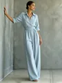 Ganzkörperansicht eines hellblauen Jumpsuits mit weitem Bein, Hemdkragen und Taillenband. - S / Set / Hellblau