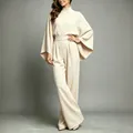 Elegant cream two-piece wide-leg set with high neck and cape sleeve top - S / Top And Bottom / Apricot
