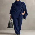 Elegant navy blue turtleneck poncho and wide leg pants two piece set for stylish women. - S / Top And Bottom / Blue