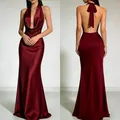 Satin halter neck maxi dress in burgundy, featuring a deep V-neck and sexy backless design. - XS / Dress (Long) / Burgundy
