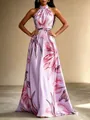 Elegante florale Print-Halter-Details des lavendelfarbenen Maxikleids für den Urlaub - S / Kleider / Lila