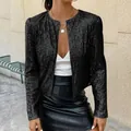 Elegant women's black sequined cropped jacket with long sleeves for party and club wear - S / Tops / Black