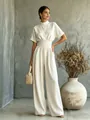 Elegant beige high-neck wide-leg jumpsuit with short sleeves and belted waist detail. - S / Set / White