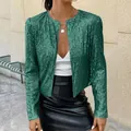 Elegant women's sparkling green sequin cropped jacket for fashionable evening party wear - S / Tops / Dark Green