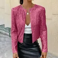 Close-up of a stylish magenta sequined cropped jacket featuring a textured finish - S / Tops / Rose Red
