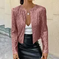 Detailed view of a stylish rose gold sequined cropped jacket for women in street style - S / Tops / Pink