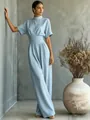 Elegant detail of light blue high-neck short-sleeve wide-leg jumpsuit on model - S / Set / Light Blue