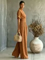 Chic terracotta short-sleeved wide-leg jumpsuit with half-high neck for summer style - S / Set / Caramel color