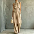 Combinaison élégante beige à col montant sans manches et jambes larges pour un look d'été chic - Kaki