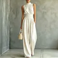 Combinaison élégante sans manches à col montant et jambes larges en beige crème - Blanc