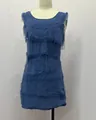 Close-up detail of blue sleeveless A-line dress with multi-tiered fringe design - XS / Dresses / Dark Blue