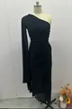 Front view of elegant black one-shoulder ruched dress with flowing drape and side slit - XS / Dresses / Black