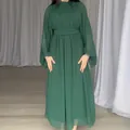 Elegant deep green chiffon maxi dress with long sleeves and belted waist - XS / Dresses / Green
