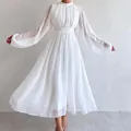 Elegant white mesh splicing maxi dress with lantern sleeves and pleated bodice design - XS / Dresses / White