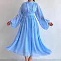 Elegant light blue long puff sleeve mesh pleated maxi dress with high neck for women - XS / Dresses / Sky Blue