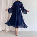 Elegant navy blue mesh patchwork long sleeve pleated midi dress for women in solid color - XS / Dresses / Dark Blue