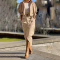 Conjunto de dos piezas caqui con chaqueta corta y falda de talle alto con botones y cinturón - S / Top Y Pantalón / Caqui