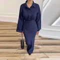 Elegant navy blue three-piece set with long sleeve shirt and matching maxi skirt - Navy Blue