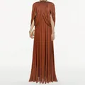Elegant pleated chiffon maxi dress with round neck in terracotta brown for formal occasions - Tan