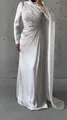 Elegant silver satin evening dress featuring irregular pleated draping and sleeves - XS / Dresses / White