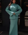 Elegant teal green three-piece set featuring long sleeve lapel blouse and maxi skirt. - Emerald Green