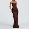 Elegantes braunes ärmelloses bodenlanges Kleid mit Korsett-Oberteil und Faltenwurf - XS / Dunkelbraun