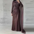 Elegant chocolate brown maxi dress with unique asymmetrical pleated draping detail. - XS / Dresses / Coffee
