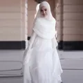 Elegant white long-sleeved pleated maxi dress with matching hijab headscarf for women - XS / Set / White