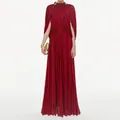 Elegant burgundy pleated chiffon long dress with cape sleeves and gold neck trim - XS / Dresses / Red