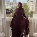 Elegant pleated maroon modest dress featuring a matching hijab for chic women - XS / Set / Dark Brown