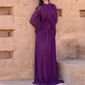 Elegant purple pleated round neck chiffon maxi dress featuring a high waist and long sleeves - Purple