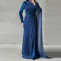Elegant navy blue long sleeve irregular pleated slim-fit evening maxi dress for women - XS / Dresses / Blue