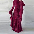Elegant burgundy pleated long dress with ruffled flare sleeves for formal women wear - XS / Dresses / Red